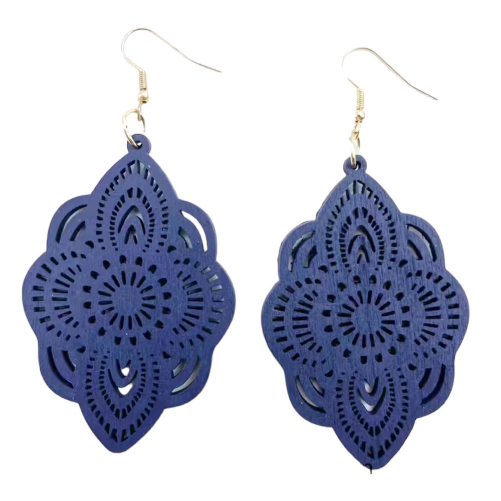 Boho Navy Blue Wooden Drop Style Earrings